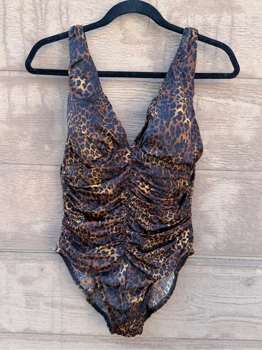 Miraclesuit one piece animal print ruched side, full back coverage size 14